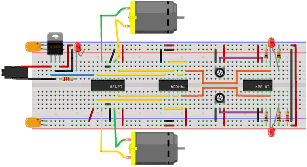 Representational Image of complete breadboard circuit for Line Follower Robot