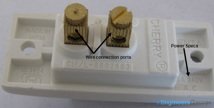 Reverse of Switch showing Wire-Connecting Ports and Engraved Power Specificaitons