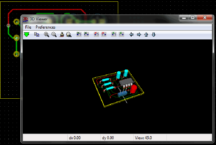Screenshot of 3D view of circuit in KIcad Screenshot of 3D view of circuit in KIcad