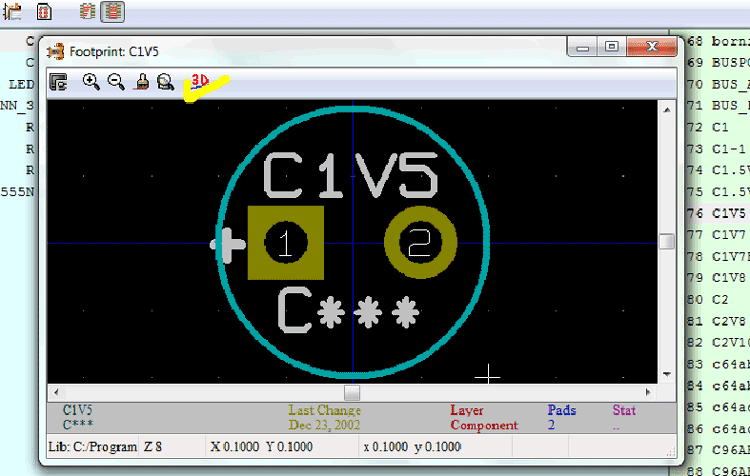 Screenshot of a footprint in KIcad