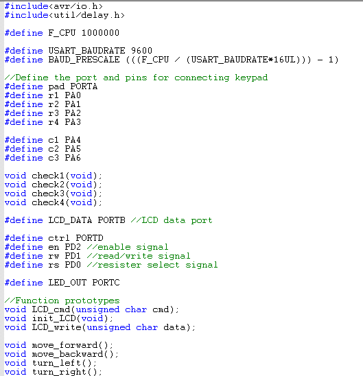 Screenshot of AVR Code for Keypad Controlled Wireless Robot