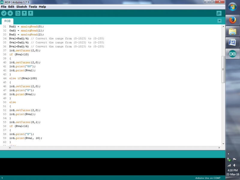 Screenshot of Arduino Code for RGB Colour Code Generator