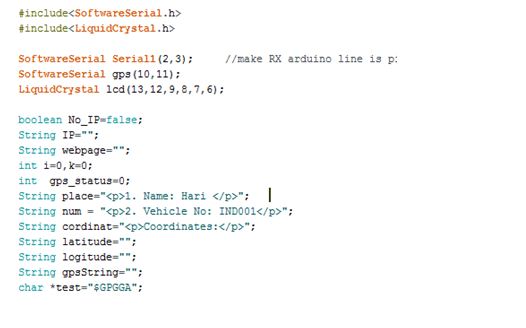 Screenshot of Arduino Code used for Initialization of IoT Vehicle Tracking Device