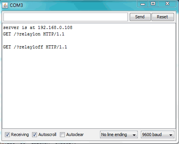 Screenshot of Arduino Serial Port sending commands to control relays