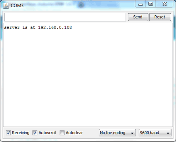 Screenshot of Arduino Serial Port showing Local IP Address