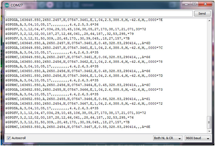 Screenshot of Arduino Serial Port showing logged GPS data