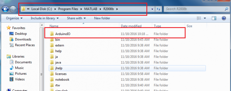 Screenshot of ArduinoIO folder on Windows