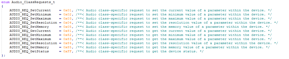 Screenshot of Audio Class requests defined in AudioClassCommon.h