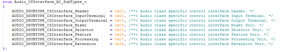 Screenshot of Audio Control subtypes