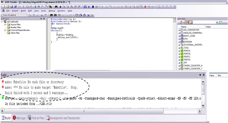 Screenshot of building a project in AVR Studio 4