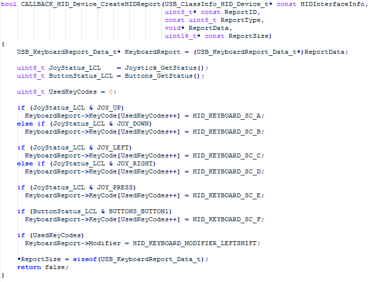 Screenshot of CALLBACK_HID_Device_CreateHIDReport Function in LUFA Library