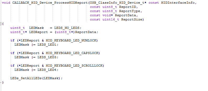 Screenshot of CALLBACK_HID_Device_ProcessHIDReport Function in LUFA Library