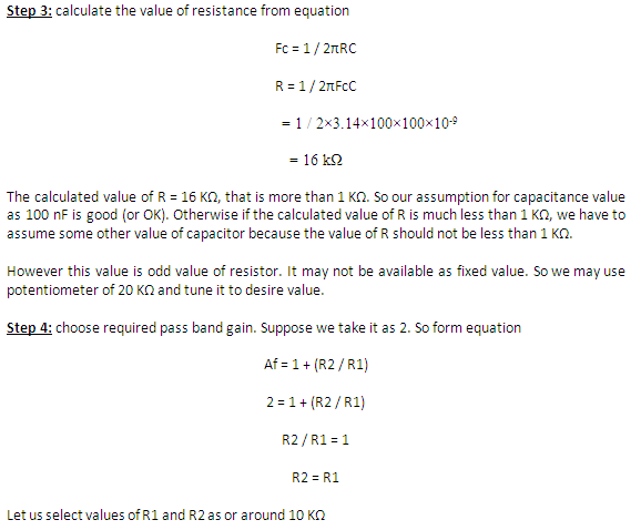 Screenshot of calculations required to find resistance and pass band gain for 1st Order High Pass Filter