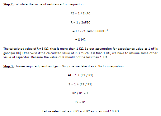 Screenshot of calculations required to find resistance and pass band gain for HPF Section