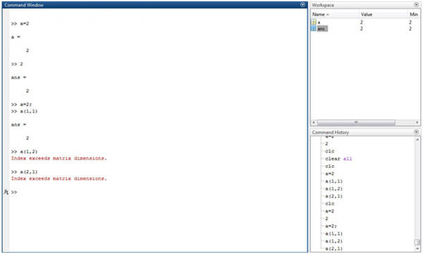 Screenshot of Command Window in Matlab IDE showing program outputs