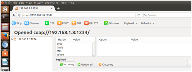 Screenshot of Copper (Cu) CoAP Agent on Mozilla Firefox