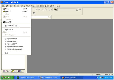 Screenshot of creating new file on Keil IDE