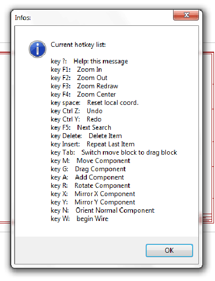 Screenshot of Current Hotkey List in KIcad