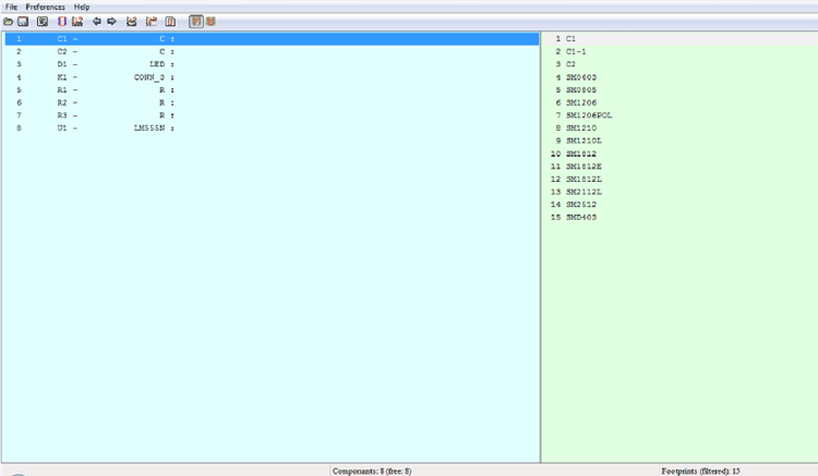 Screenshot of Cvpcb window in KIcad