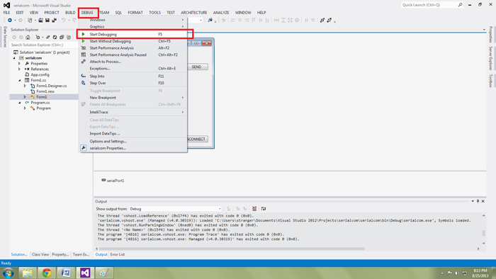 Screenshot of Debug Menu on Microsoft Visual Studio