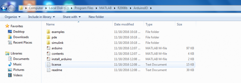 Screenshot of different sub-folders of ArduinoIO folder on Windows