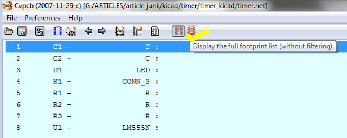 Screenshot of Display the full footprint list button in KIcad