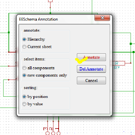 Screenshot of EESchema Annotation window in KIcad