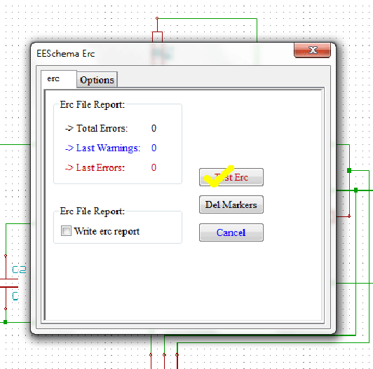 Screenshot of EESchema Erc window in KIcad