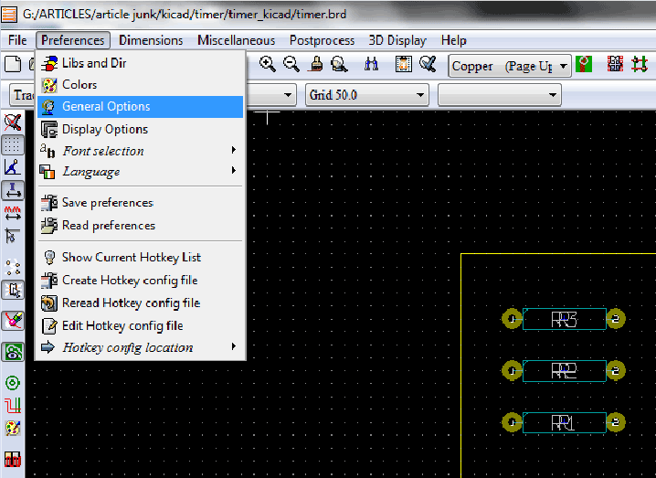 Screenshot of General Options in Preferences Menu in KIcad