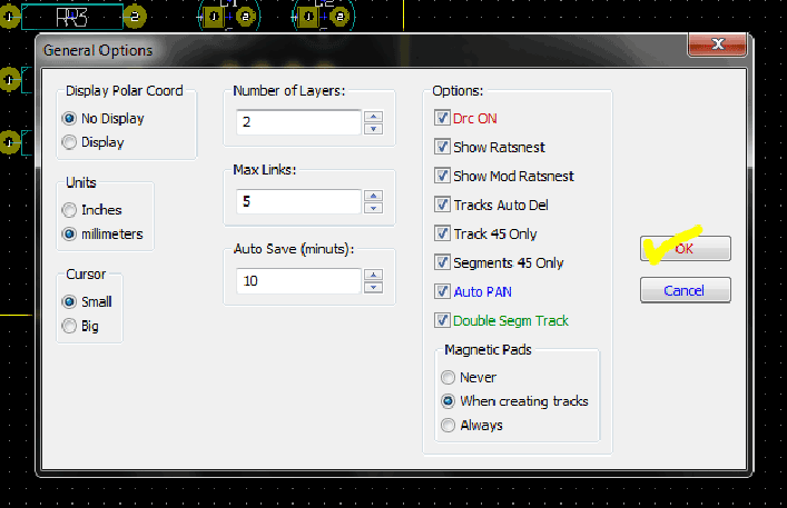 Screenshot of General Options window in KIcad