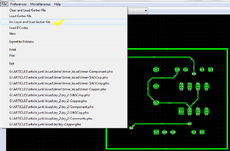 Screenshot of Inc Layer and Load gerber file button in File menu of KIcad