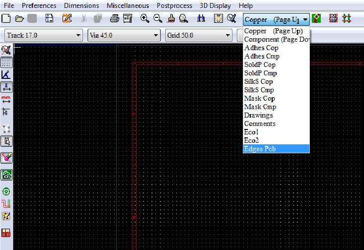 Screenshot of Layer Menu in PCBnew in KIcad