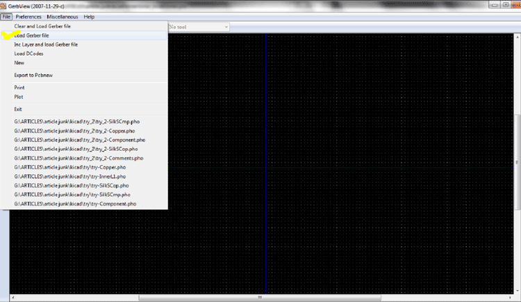 Screenshot of Load Gerber file button in File Menu of KIcad