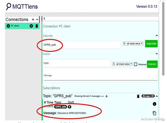 Screenshot of MQTT Message Received on PC Client from Arduino Client via HiveMQ Broker