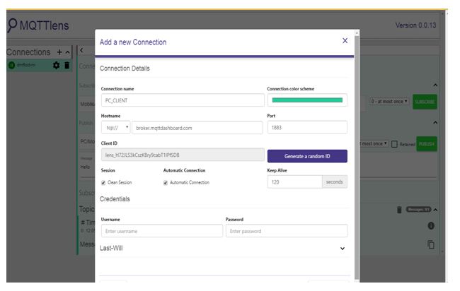 Screenshot of MQTTLens New Connection Window