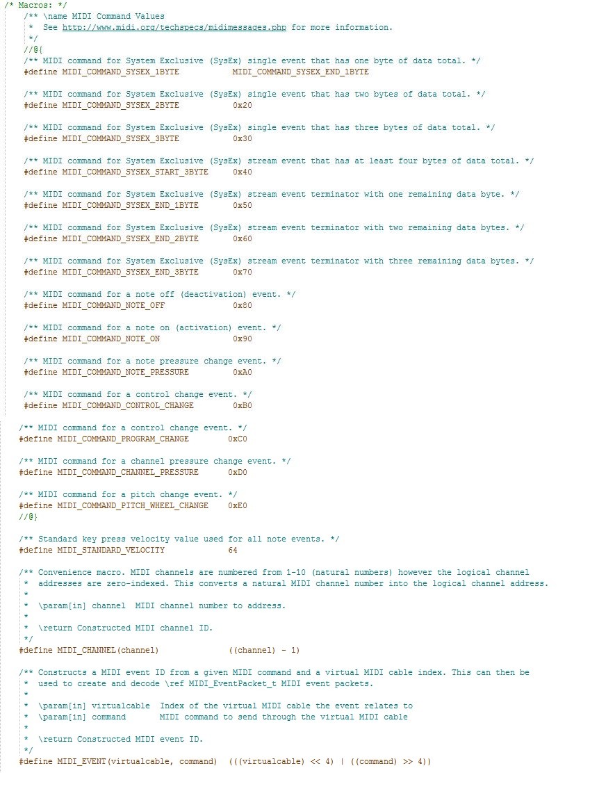 Screenshot of macros for MIDI commands in Event Packet of MIDIClassCommon.h File