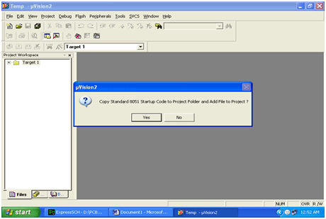 Screenshot of message prompting to copy standard startup code by Keil IDE on creating new project for 8051 Microcontroller