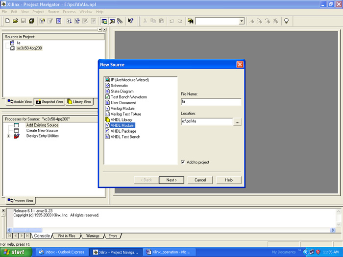 Screenshot of naming VHDL Module in Xilinx Screenshot of naming VHDL Module in Xilinx