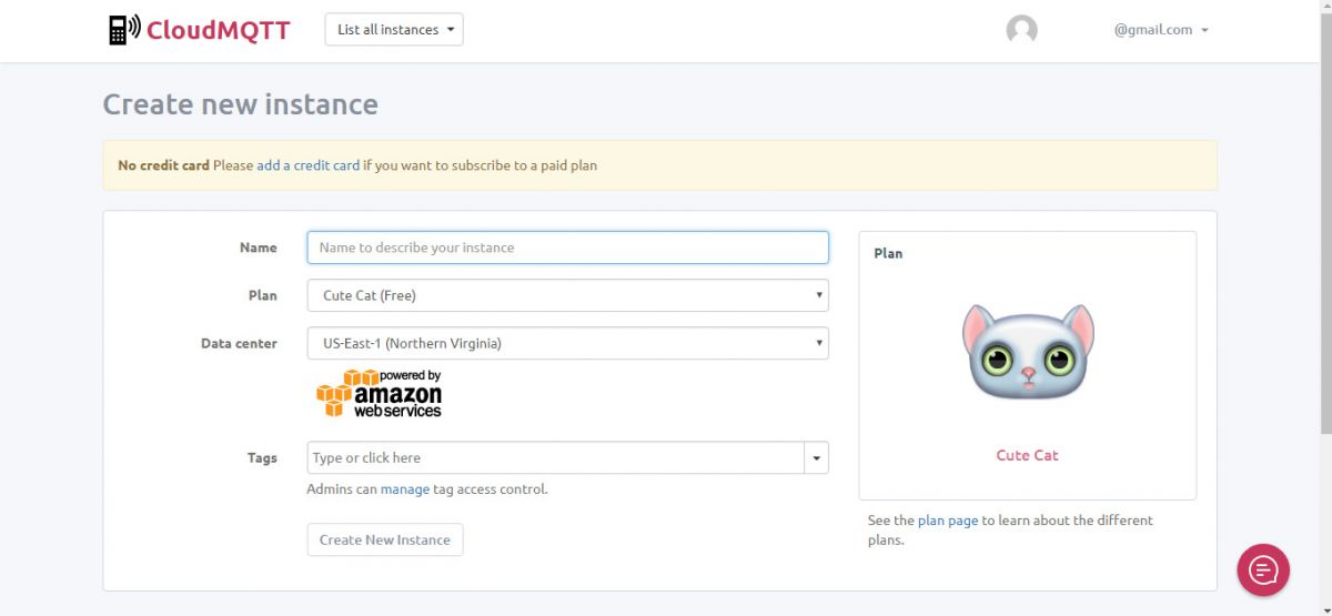 Screenshot of New Instance Creation on CloudMQTT