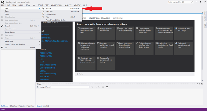 Screenshot of New Project on Microsoft Visual Studio