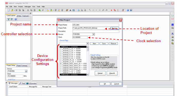Screenshot of New Project window in MikroC