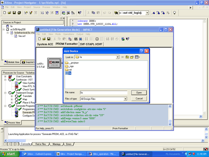 Screenshot of opening .bit file in Xilinx