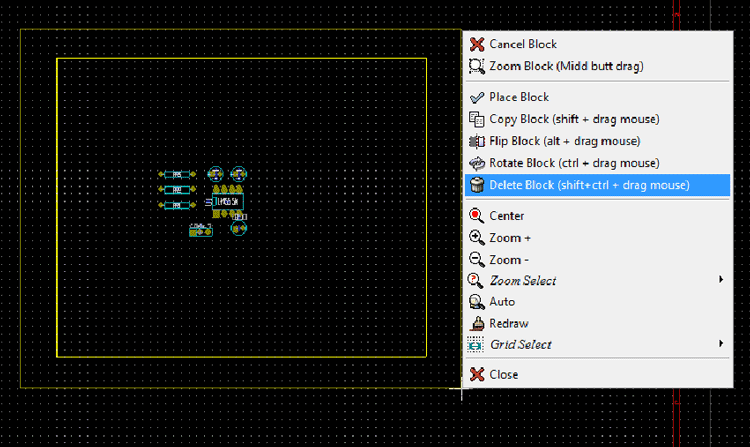 Screenshot of option delete block in KIcad