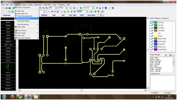 Screenshot of placing copper pour from Route menu on Diptrace