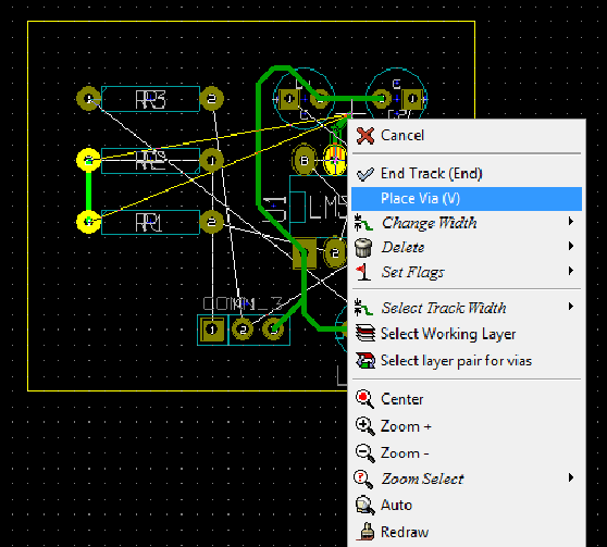 Screenshot of placing Via in PCB Layout in KIcad