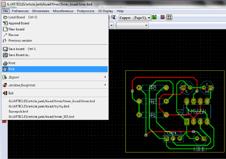 Screenshot of plot buutton in File Menu in KIcad