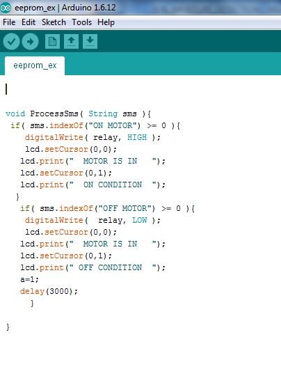 Screenshot of ProcessSMS Function in Arduino Code for Soil Moisture Detector and Mobile operated Automatic Water Pump Controller