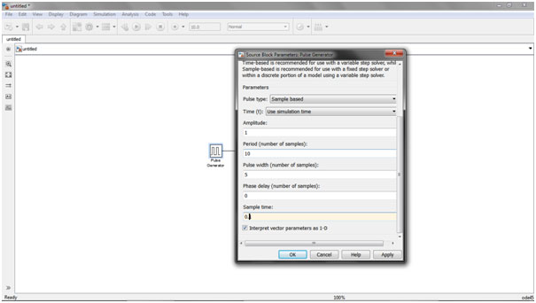 Screenshot of Pulse Generator properties on Simulink