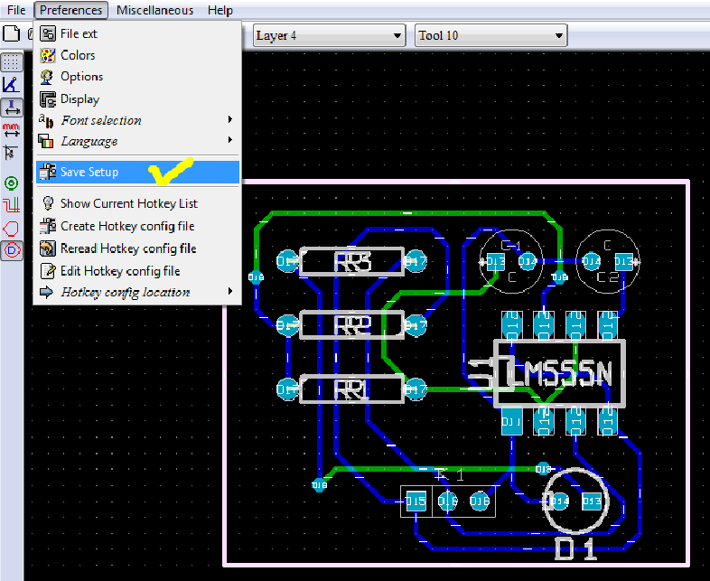 Screenshot of Save set up button in File menu in KIcad