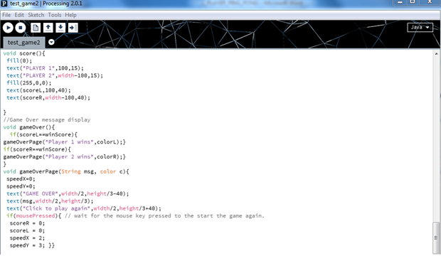 Screenshot of Score Function in Processing Language Code for Arduino based Ping Pong Game